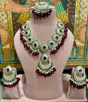 KUNDAN POLKI LONG PENDANT BRIDAL NECKLACE SET (BURGUNDY MAROON)