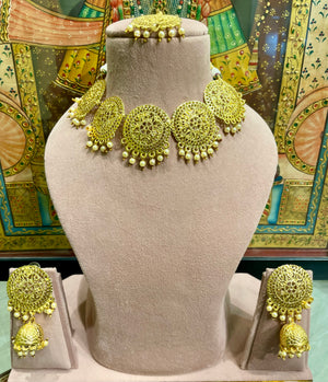 ROUND JALI DESIGN SOUTH INDIAN GOLD TONED NECKLACE SET