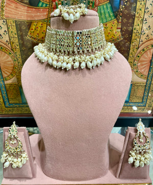 MIRROR JAIPURI CHOKER SET (IVORY WHITE)
