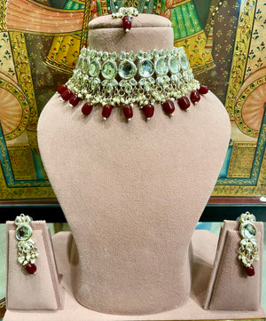JAIPURI MIRROR CHOKER NECKLACE SET (MAROON)