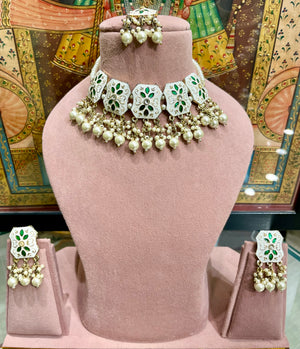 WHITE MEENAKARI PEARL CHOKER NECKLACE SET