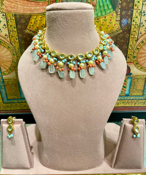 BLUE GREY STONE KUNDAN JAIPURI NECKLACE SET