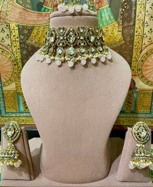 SOFT PINK GOLD PLATED KUNDAN MOISSANITE BRIDAL CHOKER SET