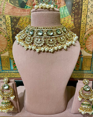 IVORY WHITE GOLD PLATED KUNDAN BRIDAL JHUMKI NECKLACE SET