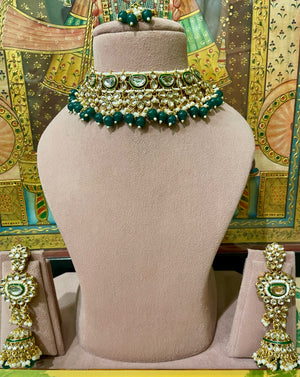 GREEN KUNDAN GOLD PLATED BRIDAL NECKLACE SET