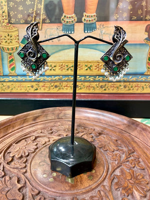 OXIDISED GREEN STONE DESIGNER EARRINGS