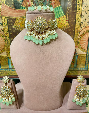 MINT GREEN KUNDAN PEARL CHOKER SET