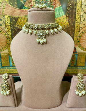 IVORY WHITE GOLD PLATED KUNDAN PENDANT NECKLACE SET