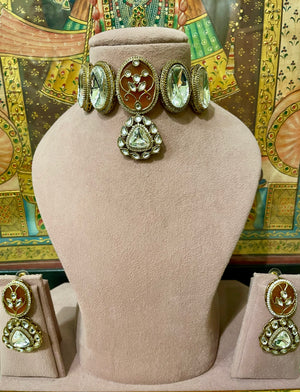 PEACH MEENAKARI MONALISA STONE NIZAM KUNDAN CHOKER SET