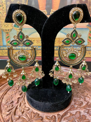 GREEN CHANDBALI DESIGNER ETHNIC DANGLER EARRINGS
