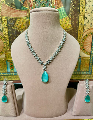 MINT GREEN MONALISA STONE AMERICAN DIAMOND (AD) FLORAL NECKLACE SET