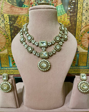 MOISSANITE TYAANI KUNDAN DOUBLE LAYER BRIDAL NECKLACE SET