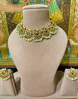 GREEN TRADITIONAL SOUTH INDIAN GOLD PLATED PEARL NECKLACE SET