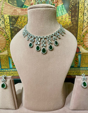 GREEN EMERALD AMERICAN DIAMOND (AD) ROYAL DESIGNER NECKLACE SET