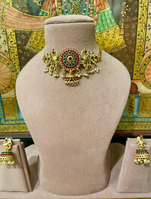 SOUTH INDIAN COPPER TONED JADAU CHOKER NECKLACE SET