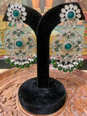 GREEN SILVER TONED ROUND CHANDBALI DESIGNER EARRINGS