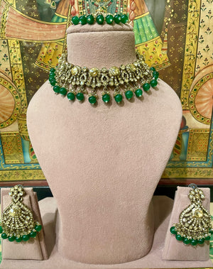 GREEN GOLD TONED ETHNIC NECKLACE SET
