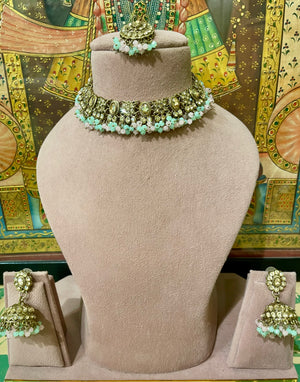 MINT GREEN & PINK GOLD TONED LIGHT NECKLACE SET