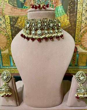 RUBY RED GOLD PLATED KUNDAN MOISSANITE BRIDAL CHOKER SET