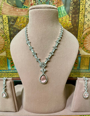 PINK AMERICAN DIAMOND (AD) MONALISA STONE PENDANT NECKLACE SET
