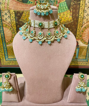 KUNDAN PEARL SKY BLUE DESIGNER CHOKER SET