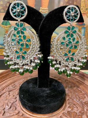 GREEN SILVER TONED CHANDBALI DESIGNER EARRINGS
