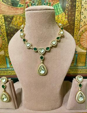 TYAANI KUNDAN MOISSANITE EMERALD DESIGNER NECKLACE SET