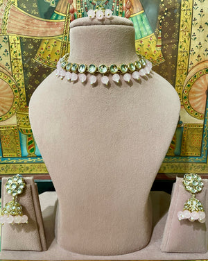 SOFT PINK SLEEK GOLD PLATED KUNDAN ROUND DESIGN SET