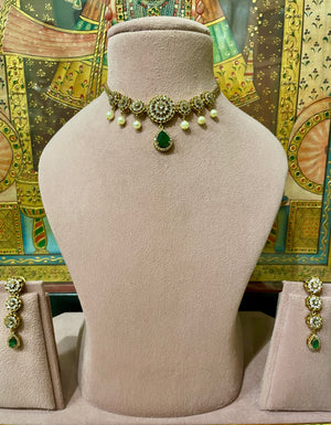EMERALD GREEN GOLD TONED AMERICAN DIAMOND (AD) NECKLACE SET