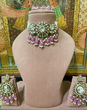 KUNDAN POLKI LAVENDER PEARL CHOKER NECKLACE SET