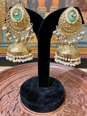 AMRAPALI DESIGN TRIBAL MINT GREEN JHUMKI EARRINGS