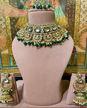 GREEN GOLD PLATED KUNDAN BRIDAL JHUMKI NECKLACE SET