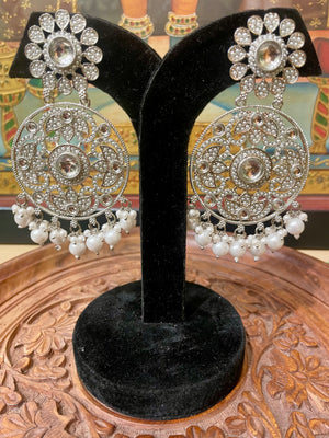 SILVER TONED ROUND CHANDBALI DESIGNER EARRINGS