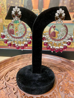 MAROON SILVER TONED CHANDBALI DESIGNER EARRINGS