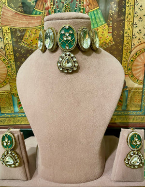 MINT GREEN MEENAKARI MONALISA STONE NIZAM KUNDAN CHOKER SET