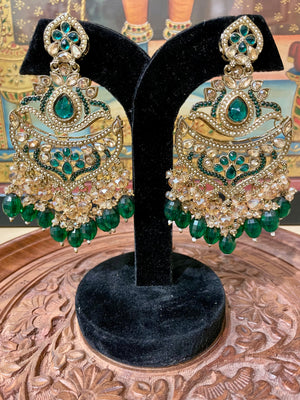 GREEN ETHNIC GOLD TONED DESIGNER DANGLER EARRINGS