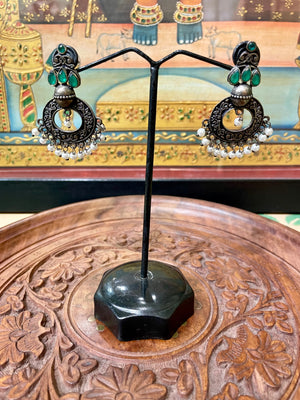 OXIDISED SILVER ROUND GREEN STONE EARRINGS