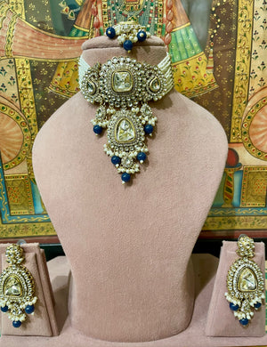 DARK BLUE NIZAM KUNDAN PEARL CHOKER SET