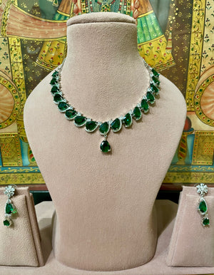 EMERALD GREEN STONES AMERICAN DIAMOND (AD) DESIGNER NECKLACE SET