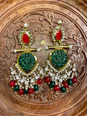 RED & GREEN STONES GOLD TONED ROYAL DANGLER EARRINGS