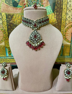 RUBY RED MOISSANITE KUNDAN DESIGNER PENDANT NECKLACE SET