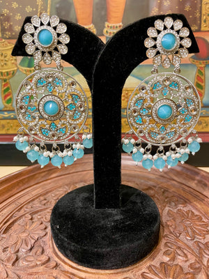 SKY BLUE SILVER TONED ROUND CHANDBALI DESIGNER EARRINGS