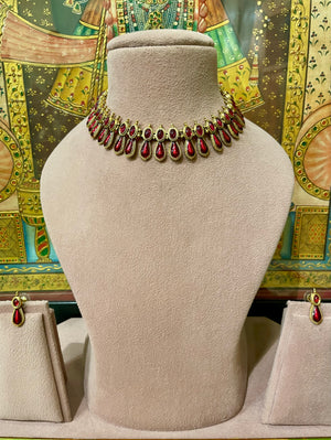 TRADITIONAL SOUTH INDIAN RUBY RED KEMP STONES NECKLACE SET