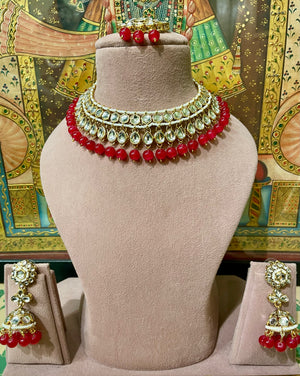 RED ETHNIC KUNDAN JHUMKI NECKLACE SET