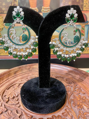 GREEN SILVER TONED CHANDBALI DESIGNER EARRINGS