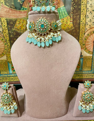 SKY BLUE KUNDAN PEARL CHOKER SET