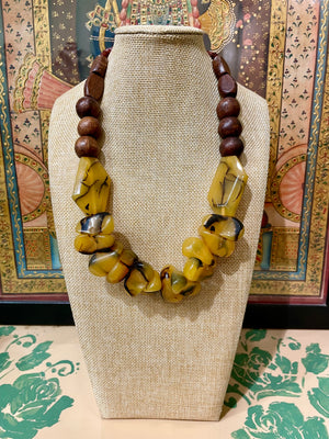 YELLOW RESIN STONE WITH WOODEN BEADS DESIGNER NECKLACE