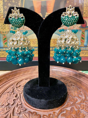 TEAL GREEN KUNDAN JHUMKI DESIGNER EARRINGS