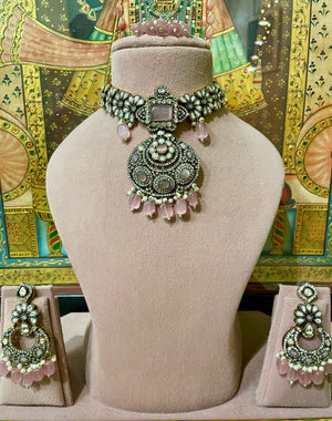 SOFT PINK MOISSANITE KUNDAN DESIGNER ROUND PENDANT NECKLACE SET