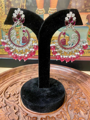 DARK PINK SILVER TONED CHANDBALI DESIGNER EARRINGS